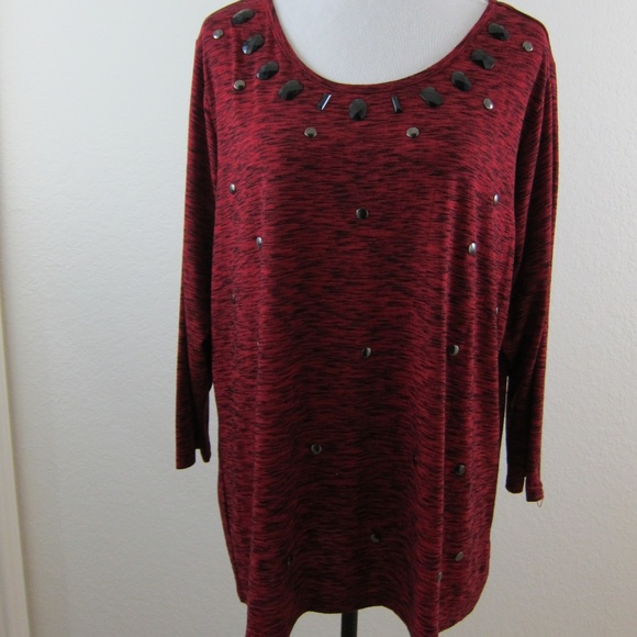 Hannah Tops - Hannah Blouse Top Tunic Knit 1X Red Black Studded